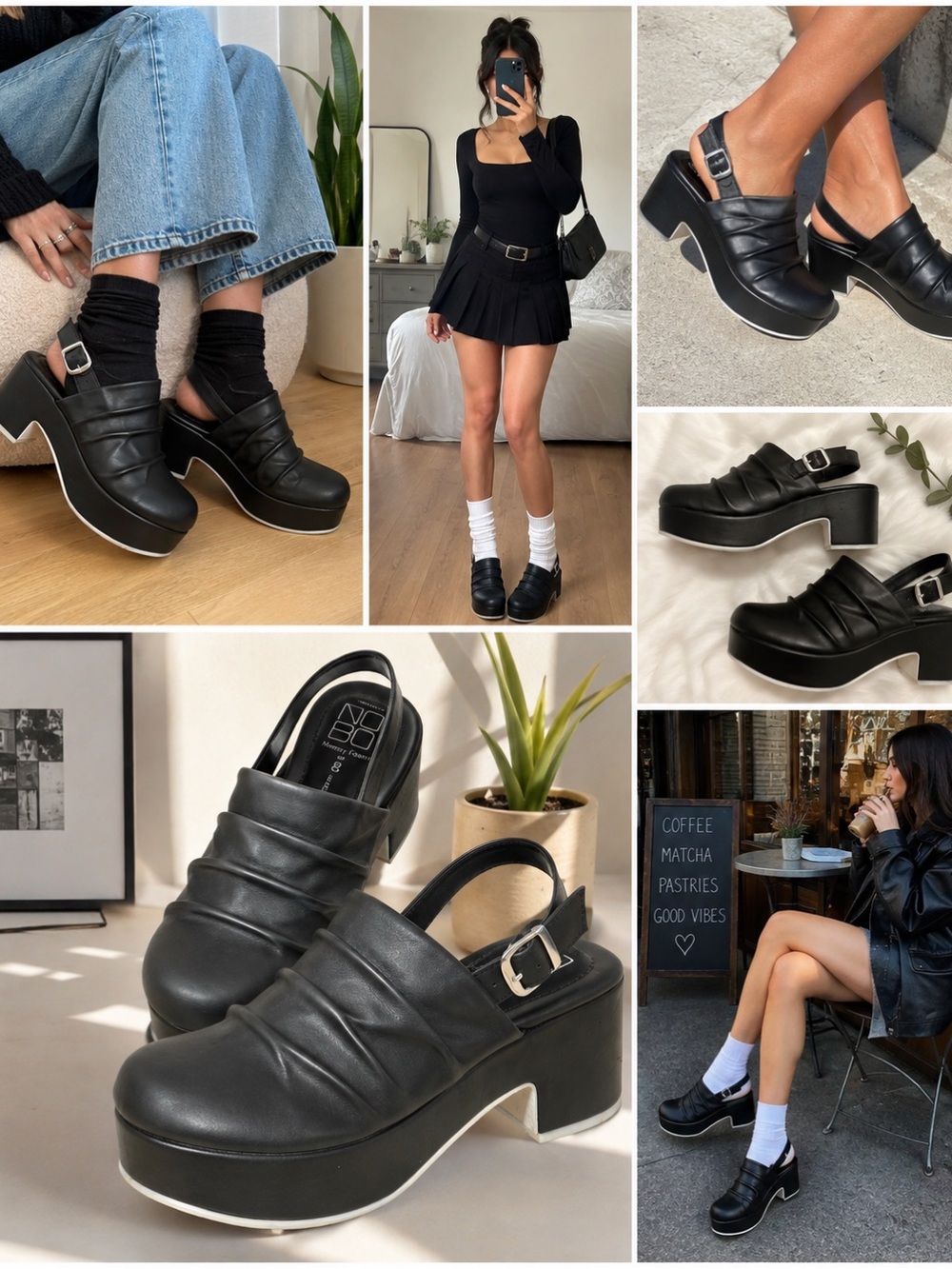 No Boundaries Platform Heels Women’s 8 Black Ruched Chunky Mules Y2K Slingbacks
